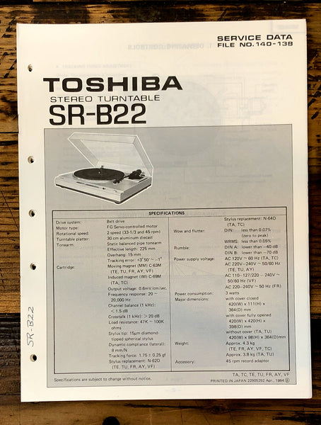 Toshiba SR-B22 Record Player / Turntable Service Manual *Original*