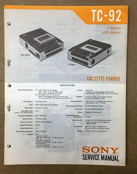 Sony TC-92 Cassette Tape Player Service Manual *Original*