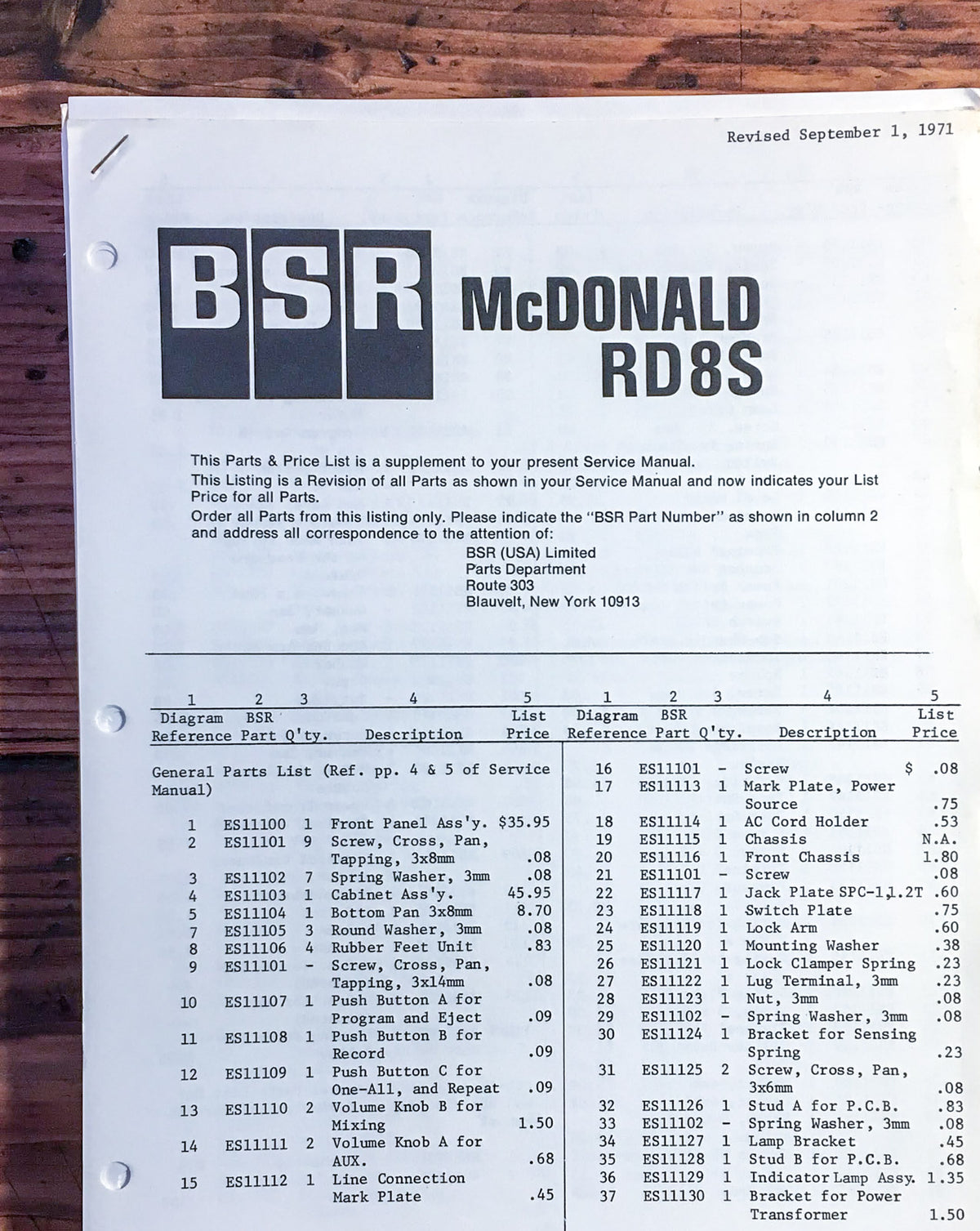 BSR McDonald RD8S RD-8S 8 Track  Service Supplement Manual *Original*