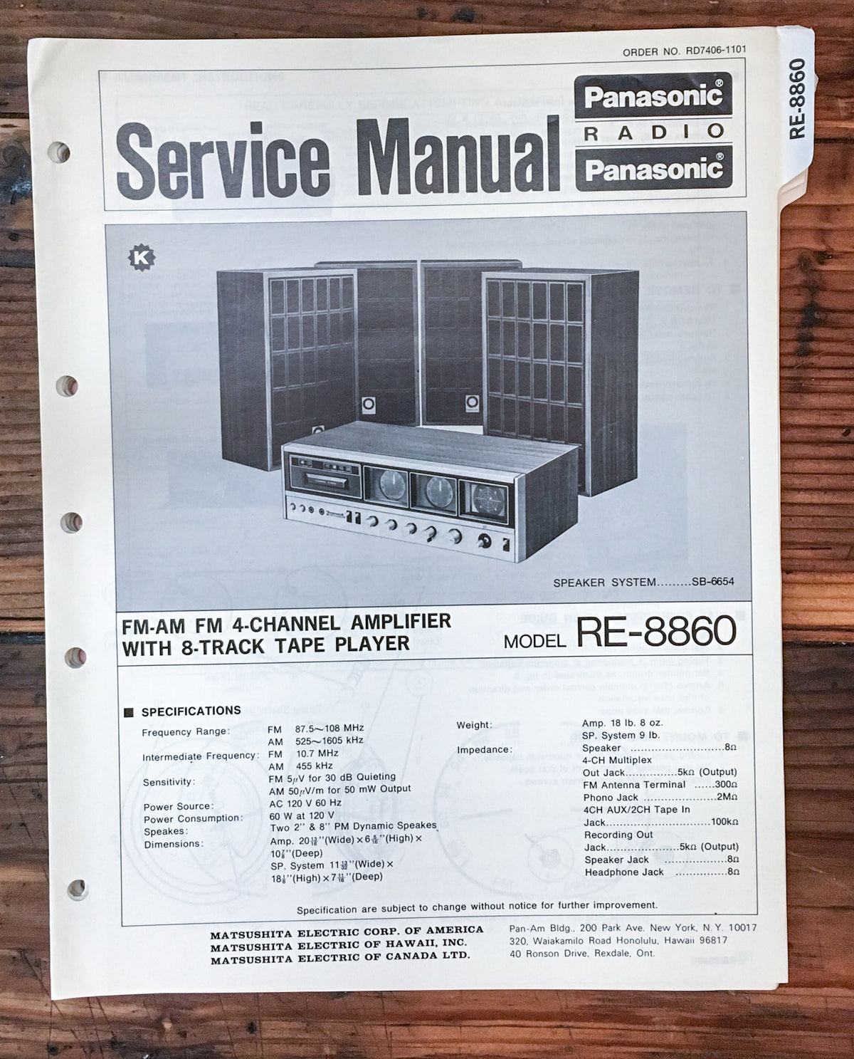 Panasonic RE-8860 Radio  Service Manual *Original*