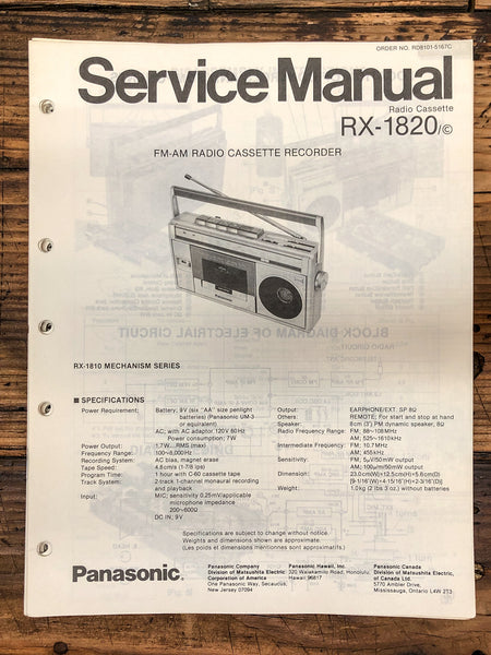 Panasonic RX-1820 Radio / Boombox  Service Manual *Original*