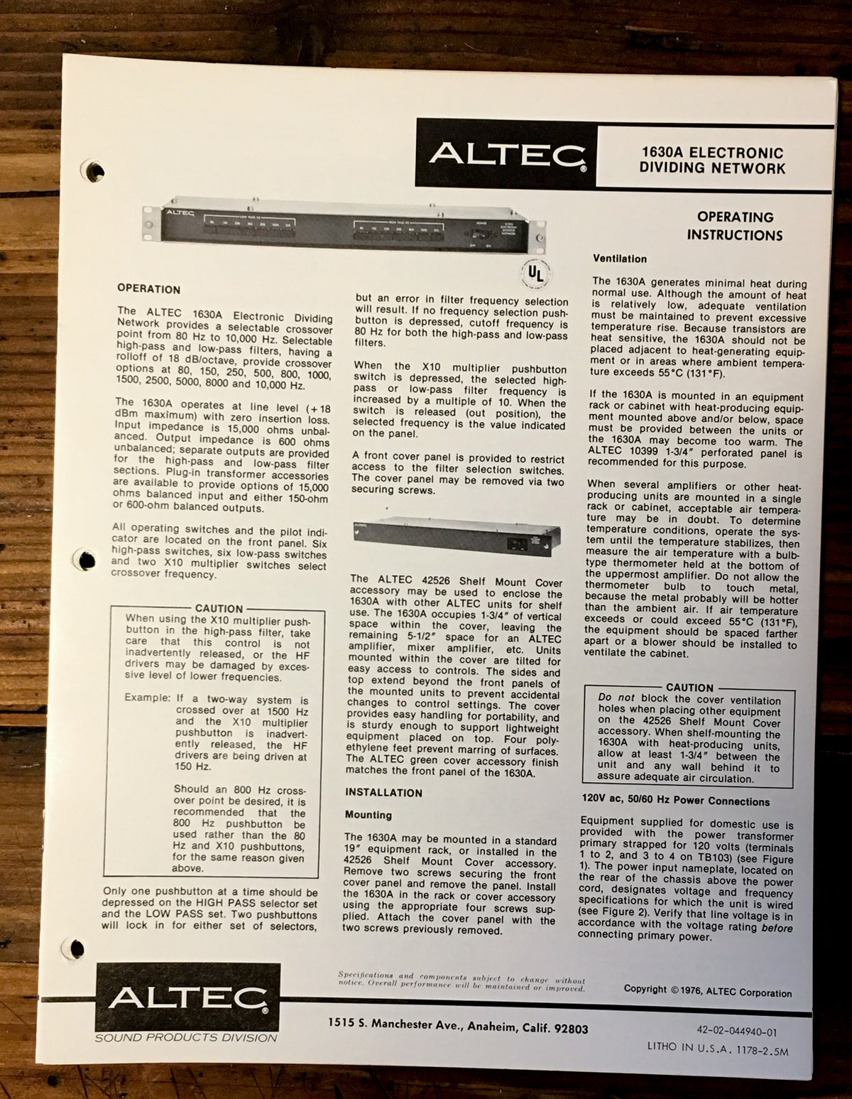 Altec Model 1630A Dividing Network Owner / Operating Manual *Original*