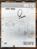 Sony MDR-31A Headphones  Service Manual *Original*