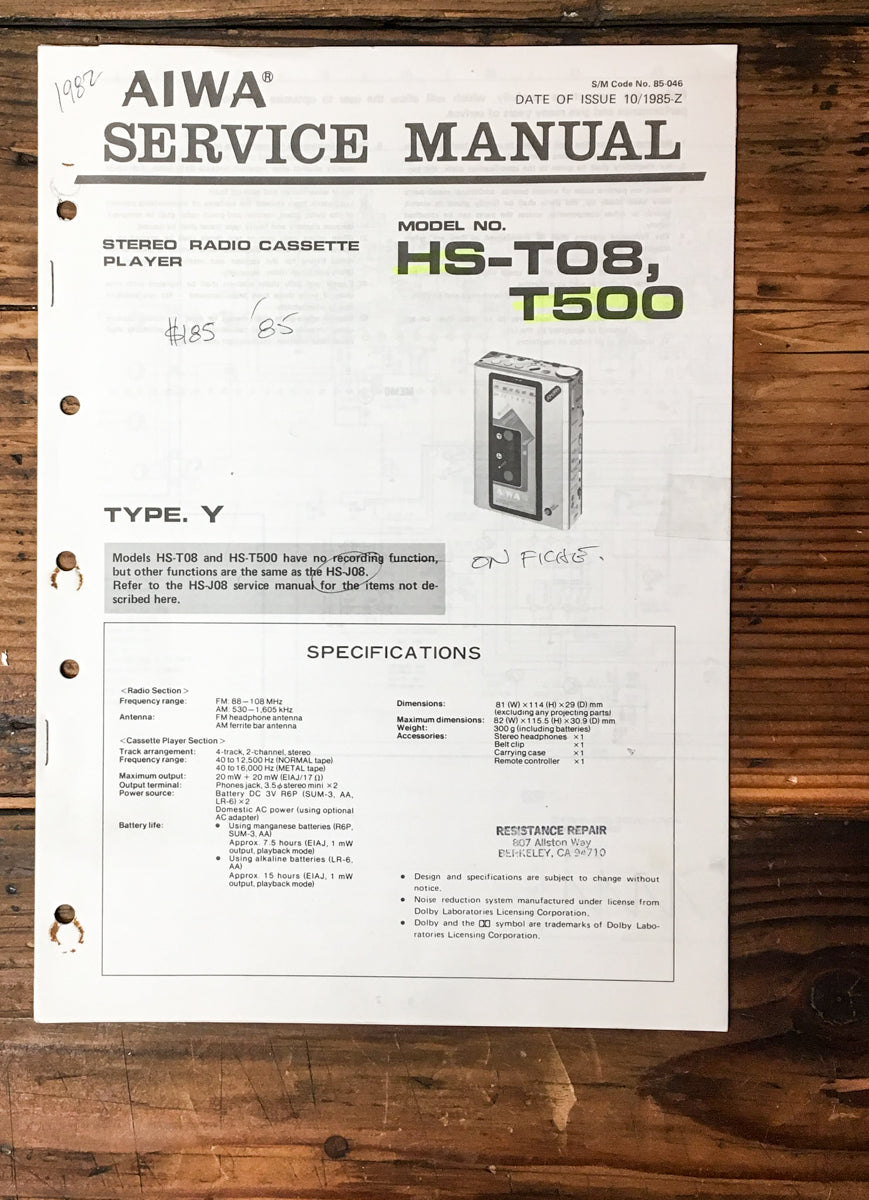 Aiwa HS-T08 HS-T500 Radio Cassette Service Manual *Original*