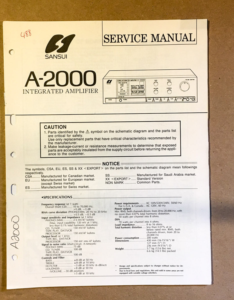Sansui A-2000 Amplifier  Service Manual *Original*