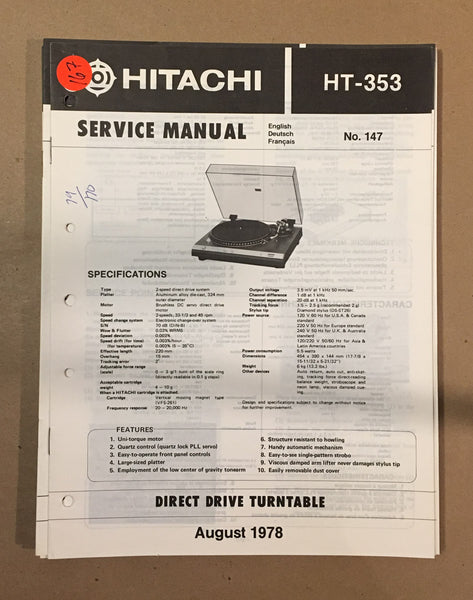 Hitachi HT-353 Record Player / Turntable  Service Manual *Original*