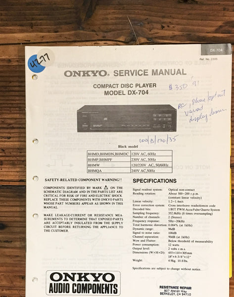 Onkyo DX-704 CD Player  Service Manual *Original*