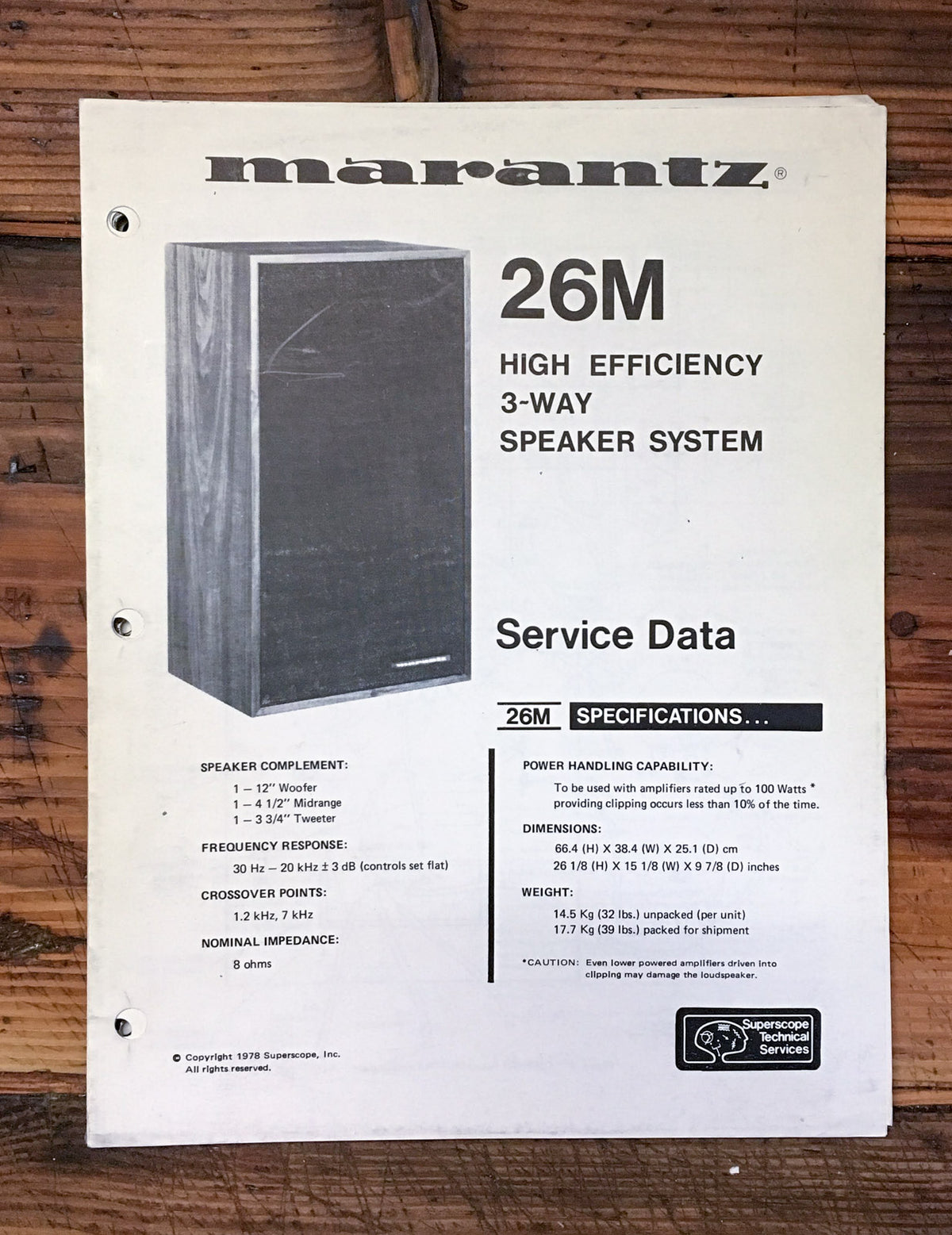 Marantz Model 26M Speaker  Service Sheet *Original*