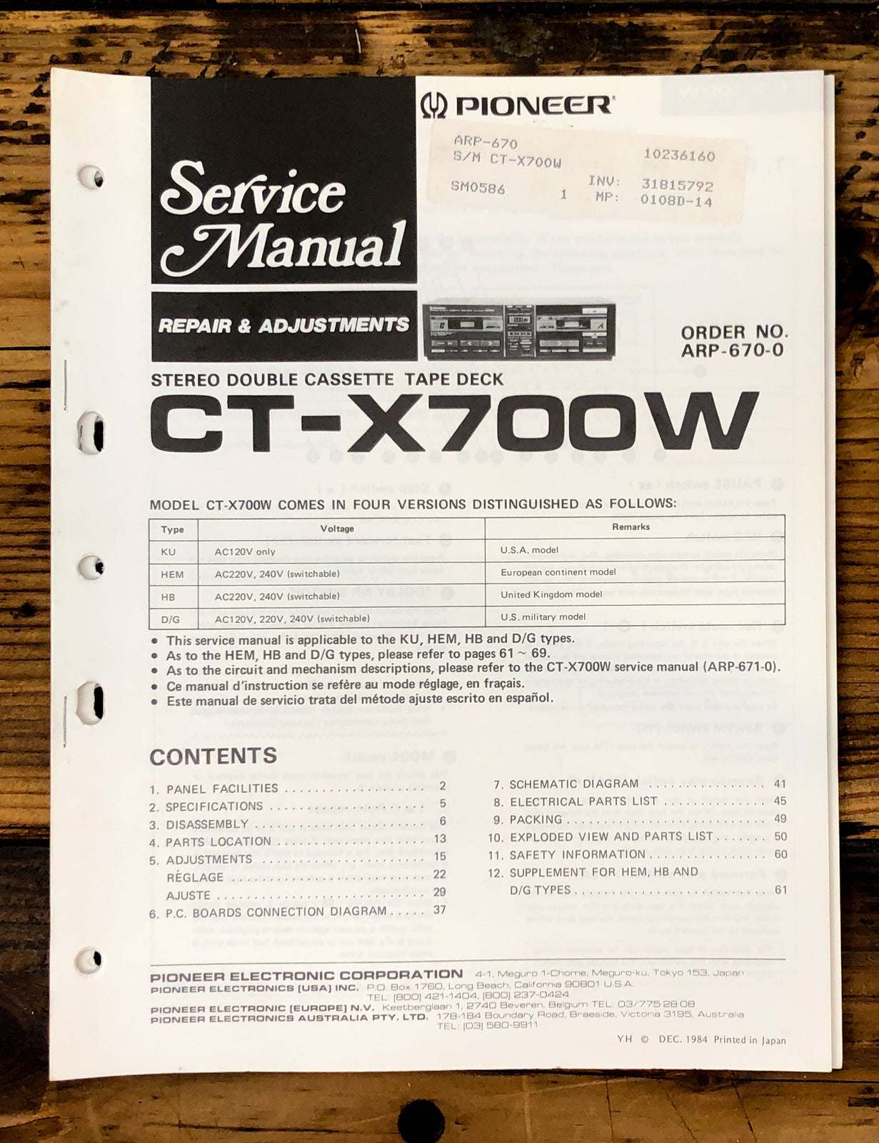 Pioneer CT-X700W Cassette Service Manual *Original*