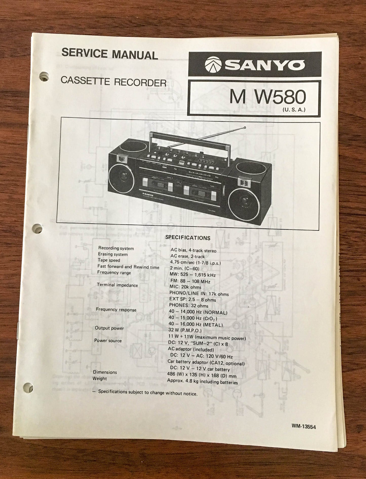Sanyo M W580 Boombox / Radio Cassette Service Manual *Original*