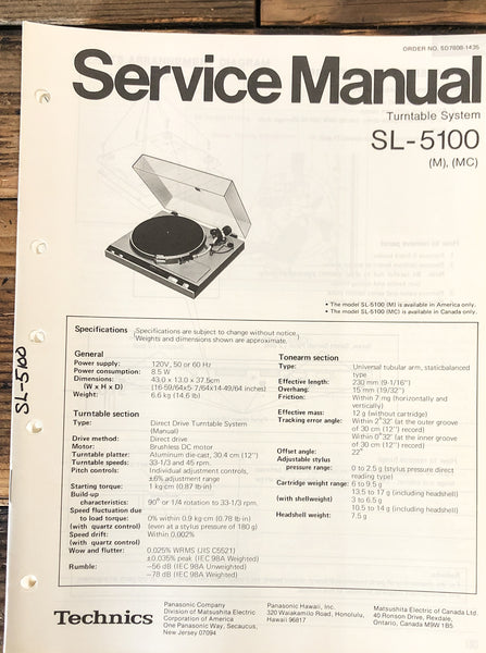 Technics SL-5100 Record Player / Turntable  Service Manual *Original*