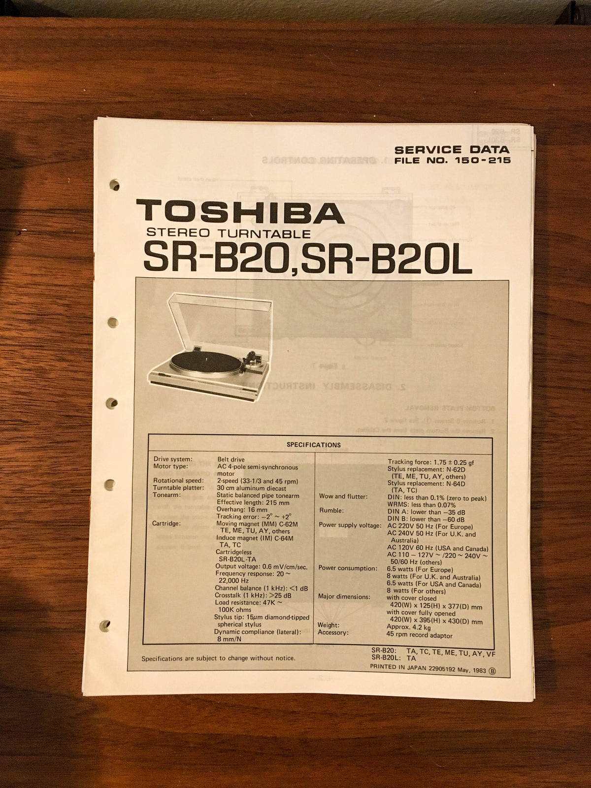 Toshiba SR-B20 SR-B20L Record Player / Turntable Service Manual *Original*