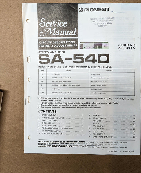 Pioneer SA-540 Stereo Amplifier Service Manual *Original*