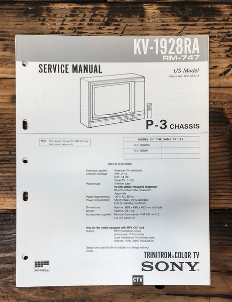 Sony KV-1928RA TV  Service Manual *Original*