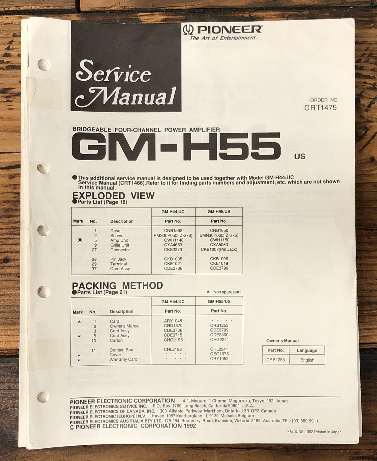 Pioneer GM-H55 Amplifier  Service Manual *Original*