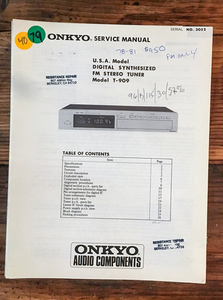 Onkyo T-909 Tuner  Service Manual *Original*