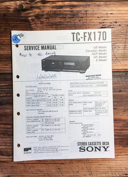 Sony TC-FX170 Cassette Deck  Service Manual *Original*