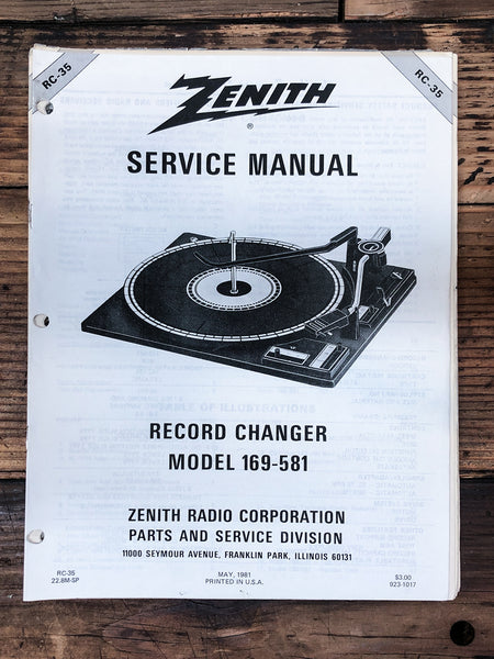 Zenith Model 169-581 RC-35 Record Changer  Service Manual *Original*