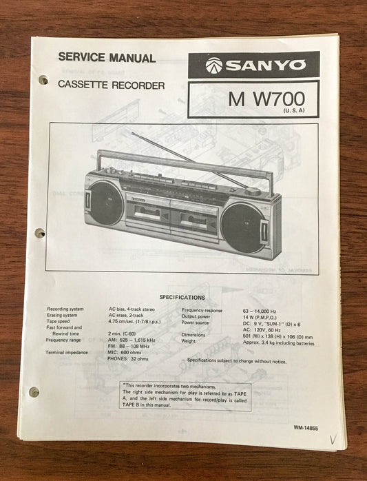Sanyo M W700 Boombox / Radio Cassette Service Manual *Original*