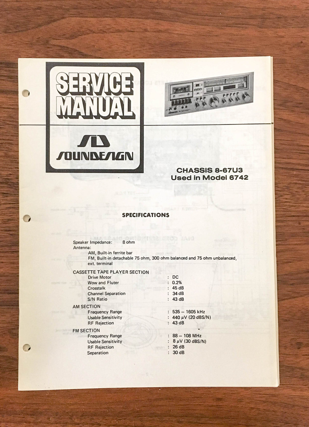 SoundDesign Sound Design Model 6742 8-67U3 Stereo Service Manual *Original*