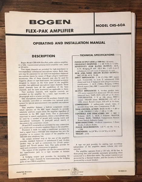 Bogen CHS-60A Amplifier Owner / User Manual *Original*