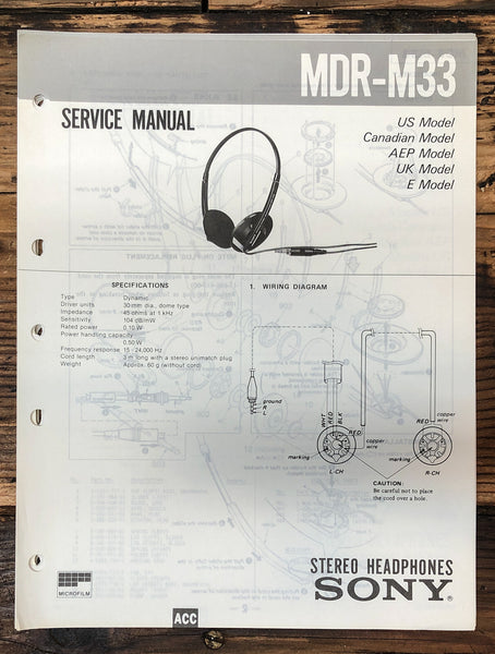 Sony MDR-M33 Headphones  Service Manual *Original*