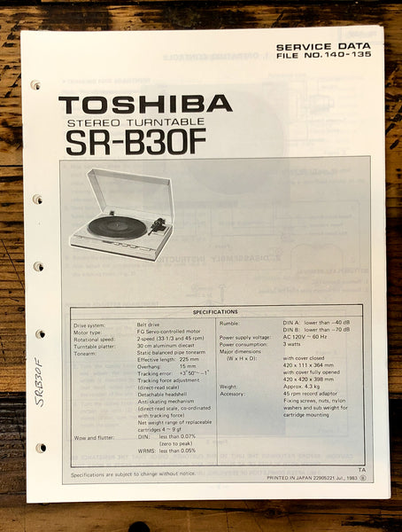 Toshiba SR-B30F Record Player / Turntable Service Manual *Original*