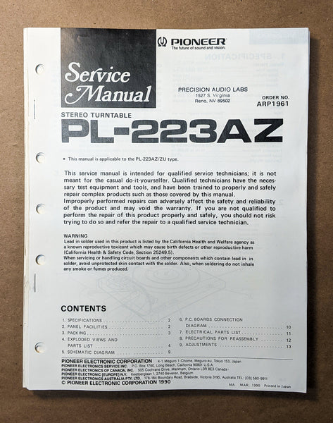 Pioneer PL-223AZ Record Player / Turntable Service Manual *Original*