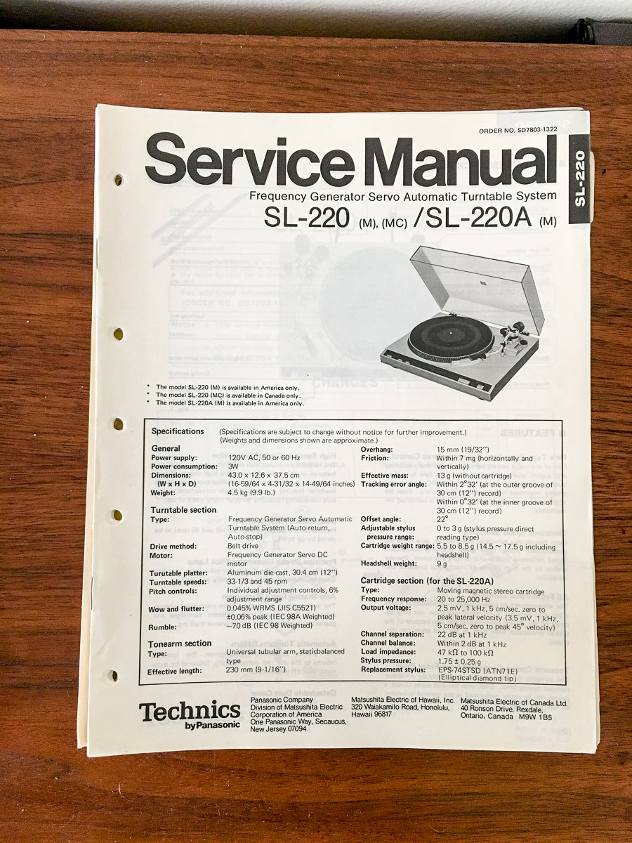 Technics SL-220 SL-220A Record Player / Turntable  Service Manual *Original*