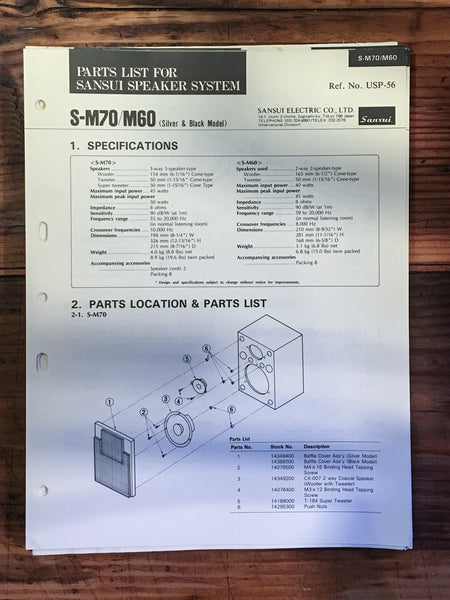 Sansui SP-M70 S-M60 Speaker Parts List Manual *Original*