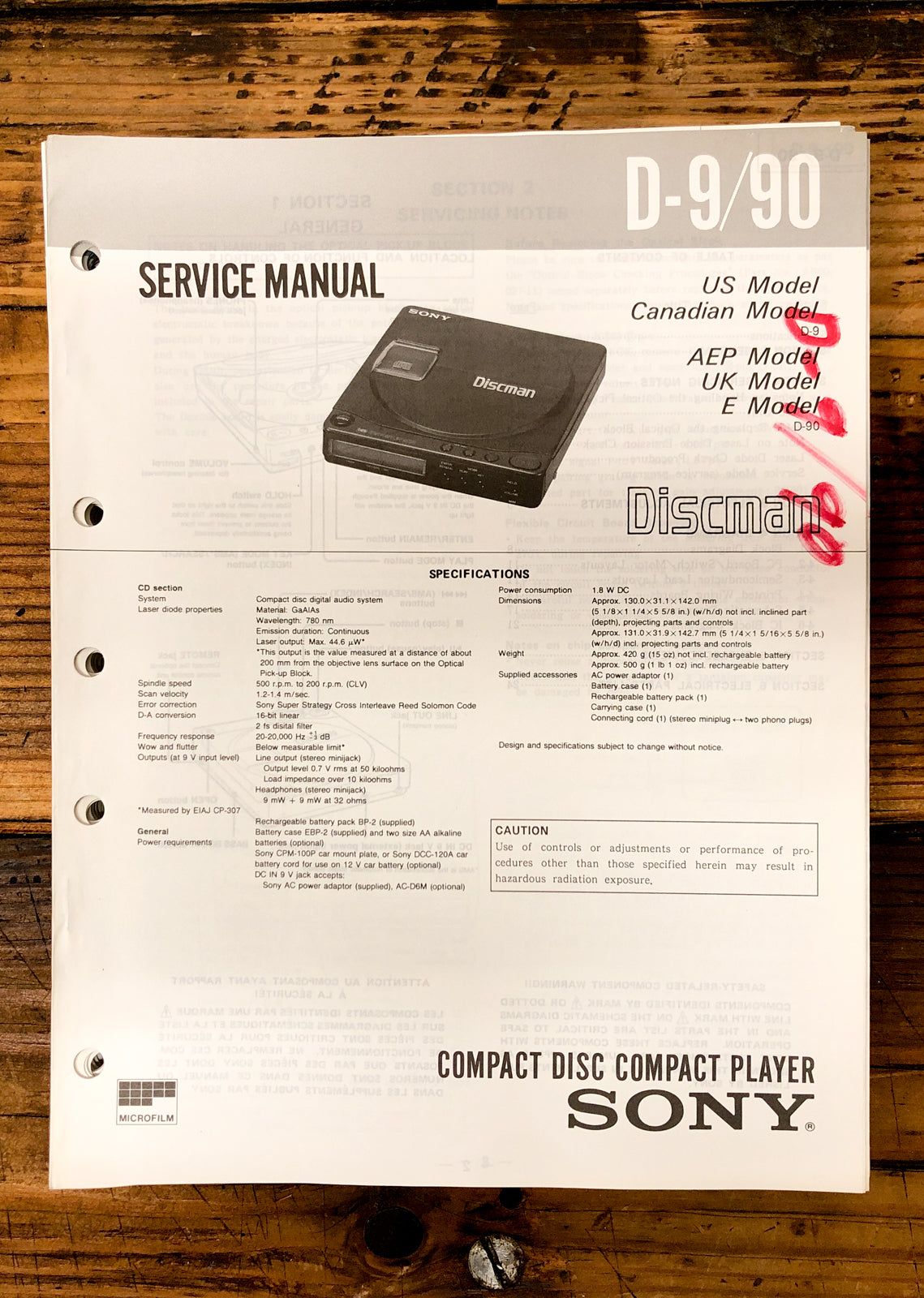 Sony D-9 D-90 CD Player / Discman  Service Manual *Original*