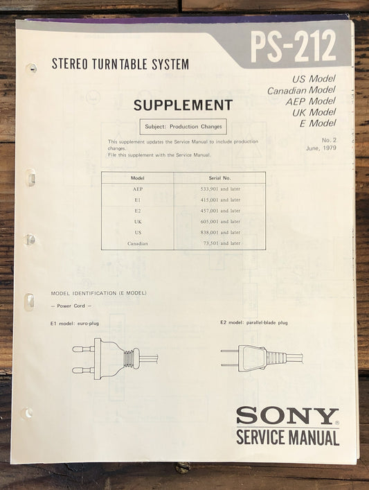 Sony PS-212 Record Player / Turntable Supp. Service Manual *Original*