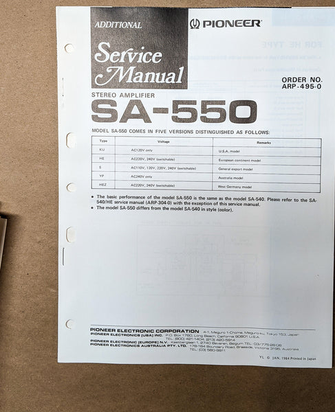 Pioneer SA-550 Stereo Amplifier Service Manual *Original*