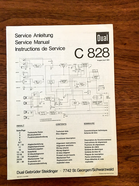 Dual C 828 Record Player / Turntable Service Manual *Original*