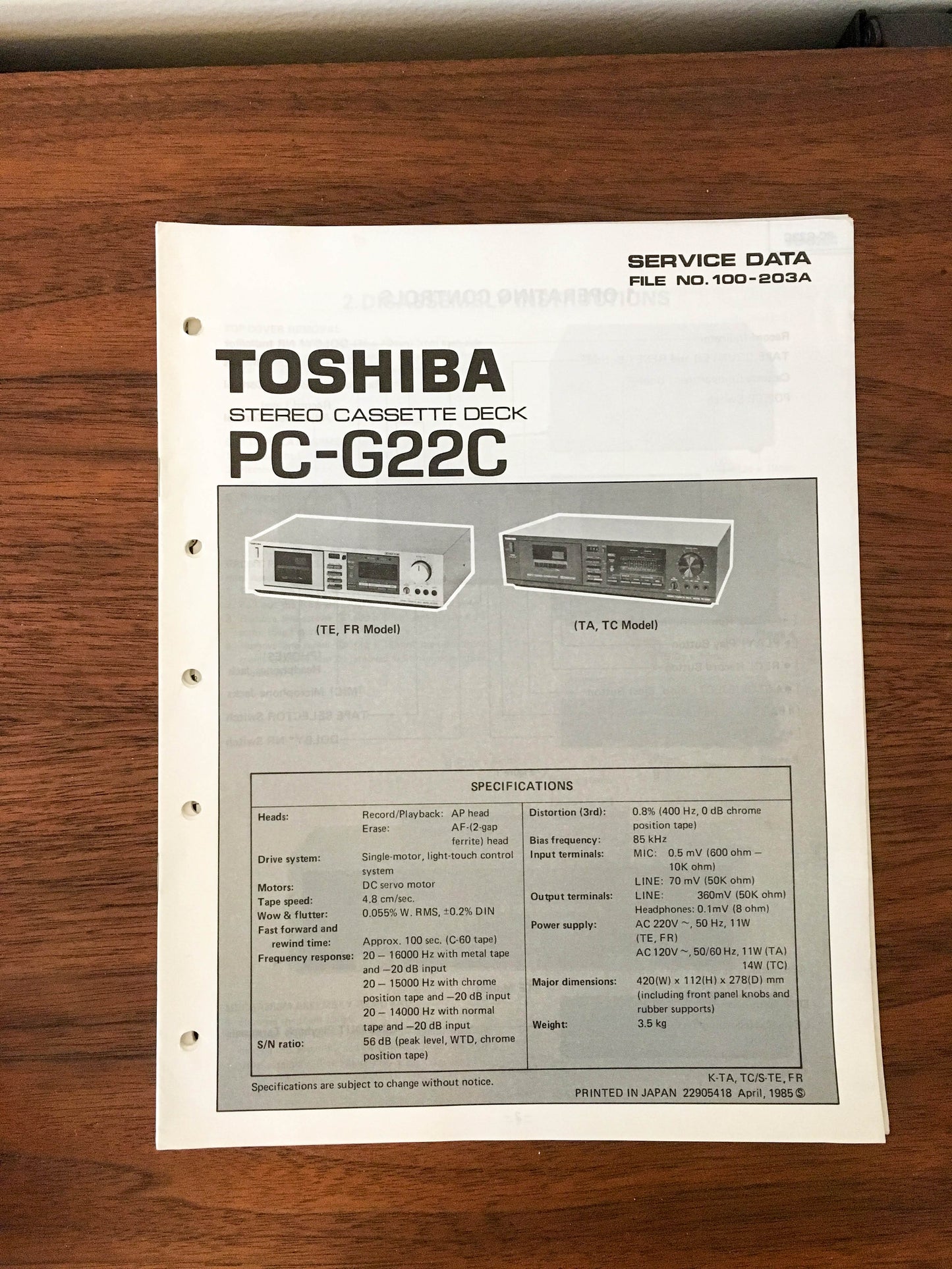 Toshiba PC-G22C Cassette Deck Service Manual *Original*