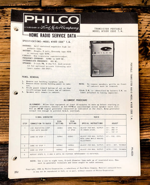 Philco Ford NT600 Code T.W. Radio Service Manual *Original* #1