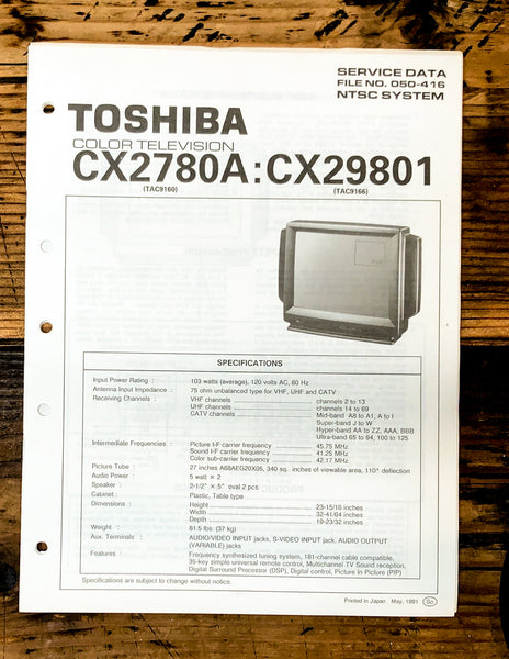 Toshiba CX2780A CX29801 TV Television Service Manual *Original*