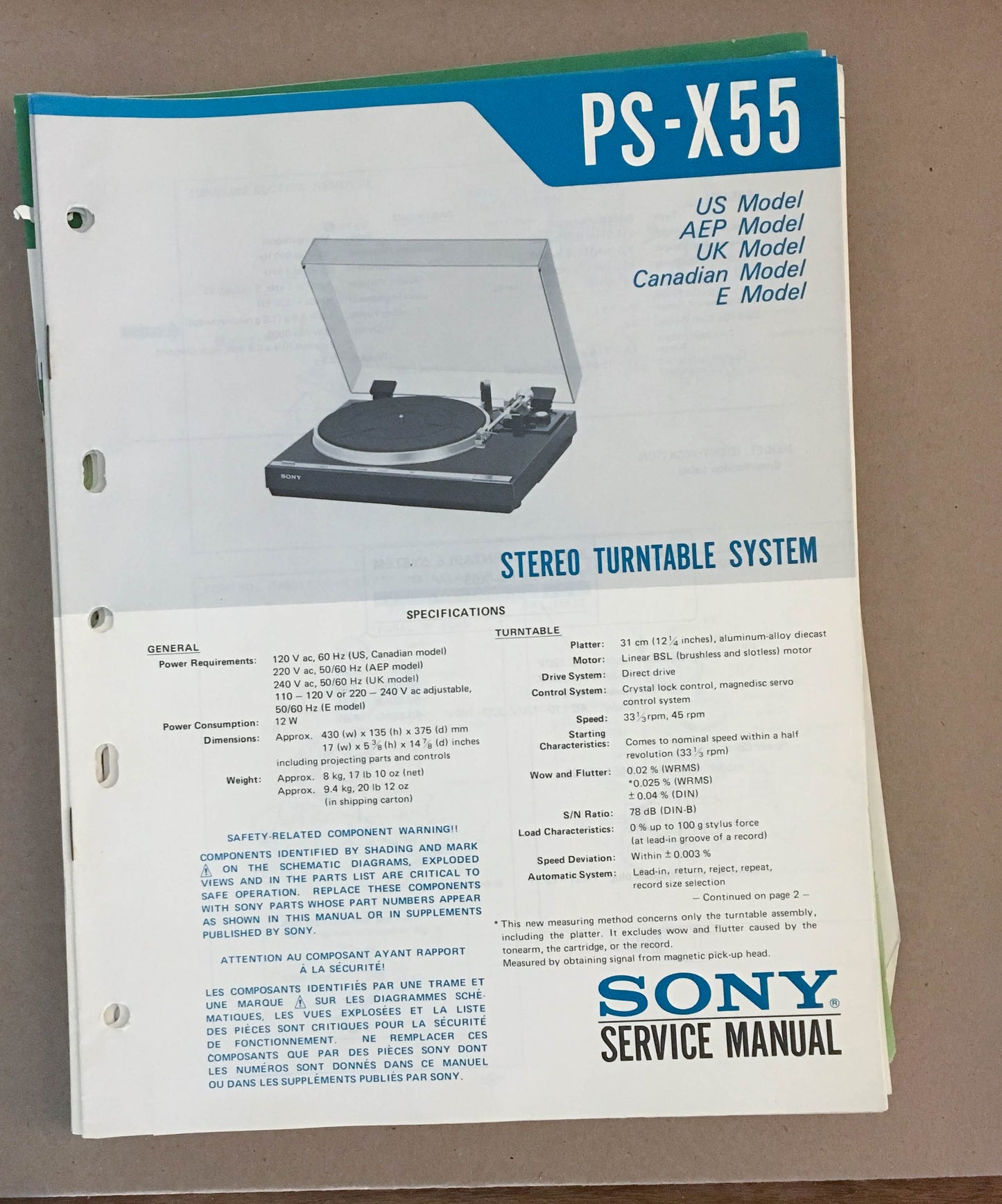 Sony PS-X55 Turntable Record Player  Service Manual *Original* #1