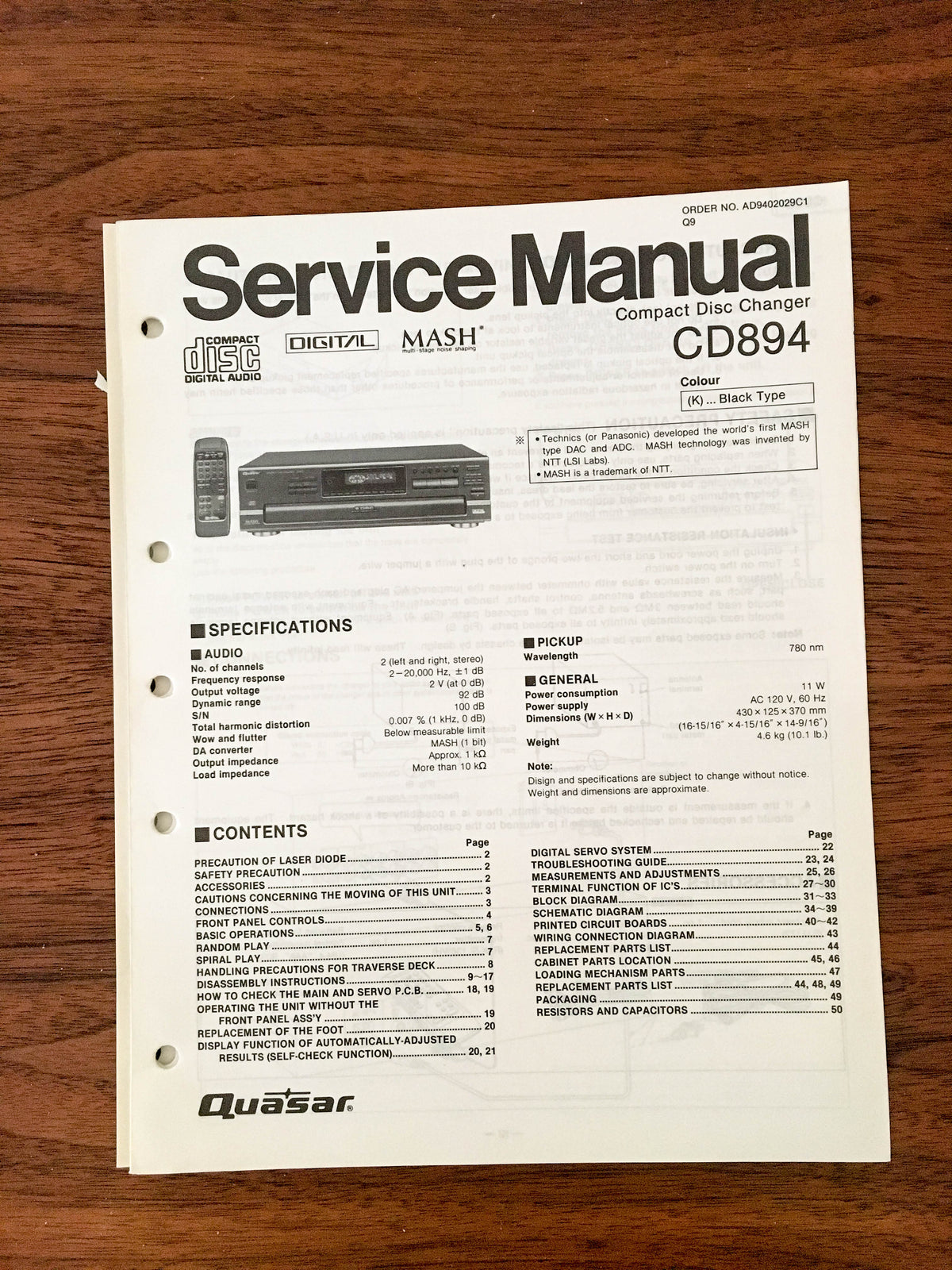 QUASER / PANASONIC CD894 CD-894 CD PLAYER Service Manual *Original*