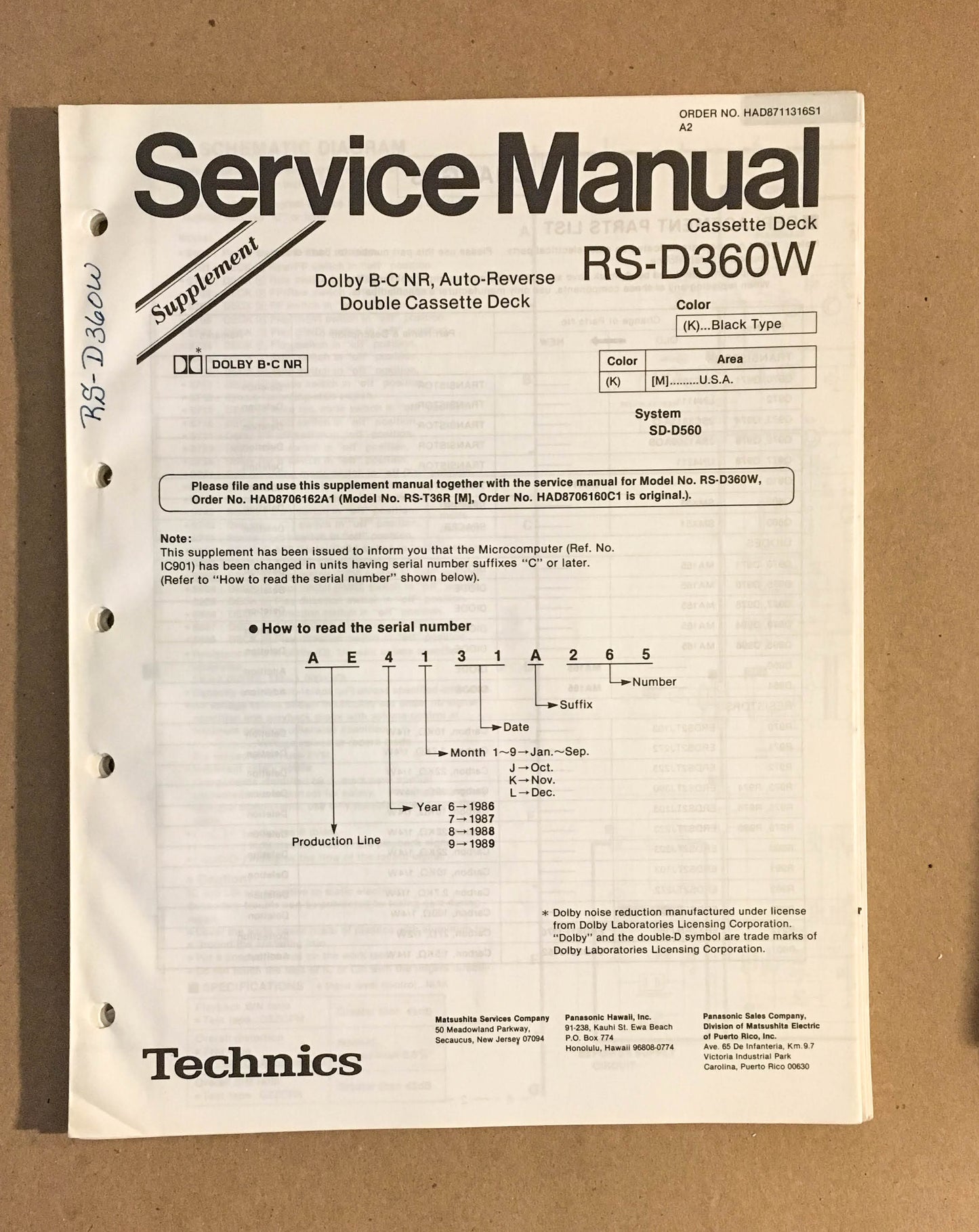 Technics / Panasonic RS-D360W   Service Manual Supplement *Original*