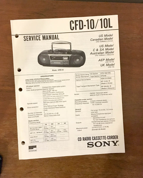 Sony CFD-10 10L BOOMBOX RADIO  Service Manual *Original*