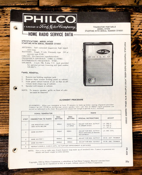 Philco Ford NT600 / NT-600 Radio Service Manual *Original* #2