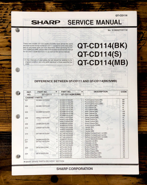 Sharp QT-CD114 -CD114S Radio Service Manual *Original*