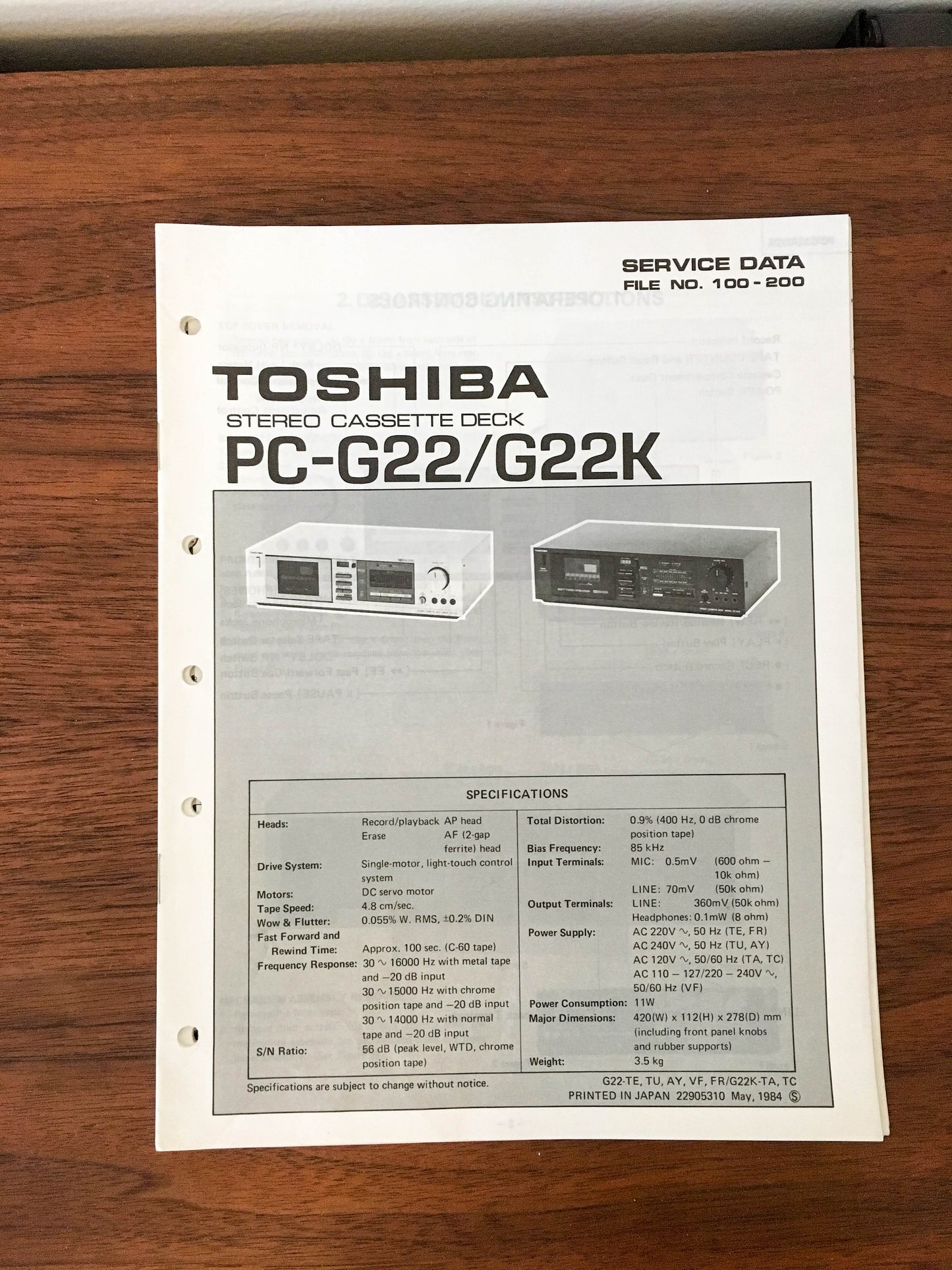Toshiba PC-G22 PC-G22K Cassette Deck Service Manual *Original*
