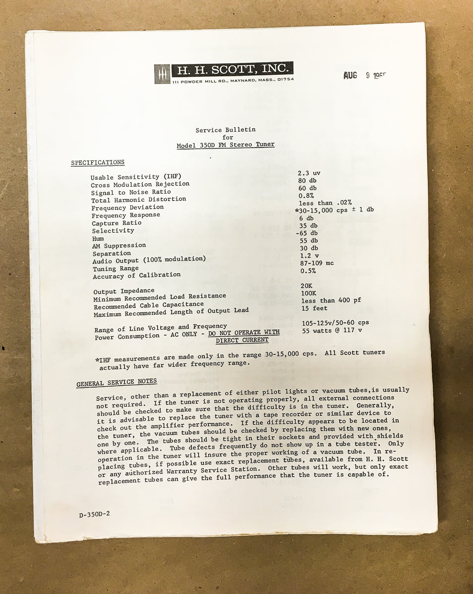 H.H. Scott Model 350D / 350-D Tuner Service Bulletin *Original*
