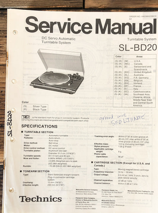 Technics SL-BD20 Record Player / Turntable  Service Manual *Original*