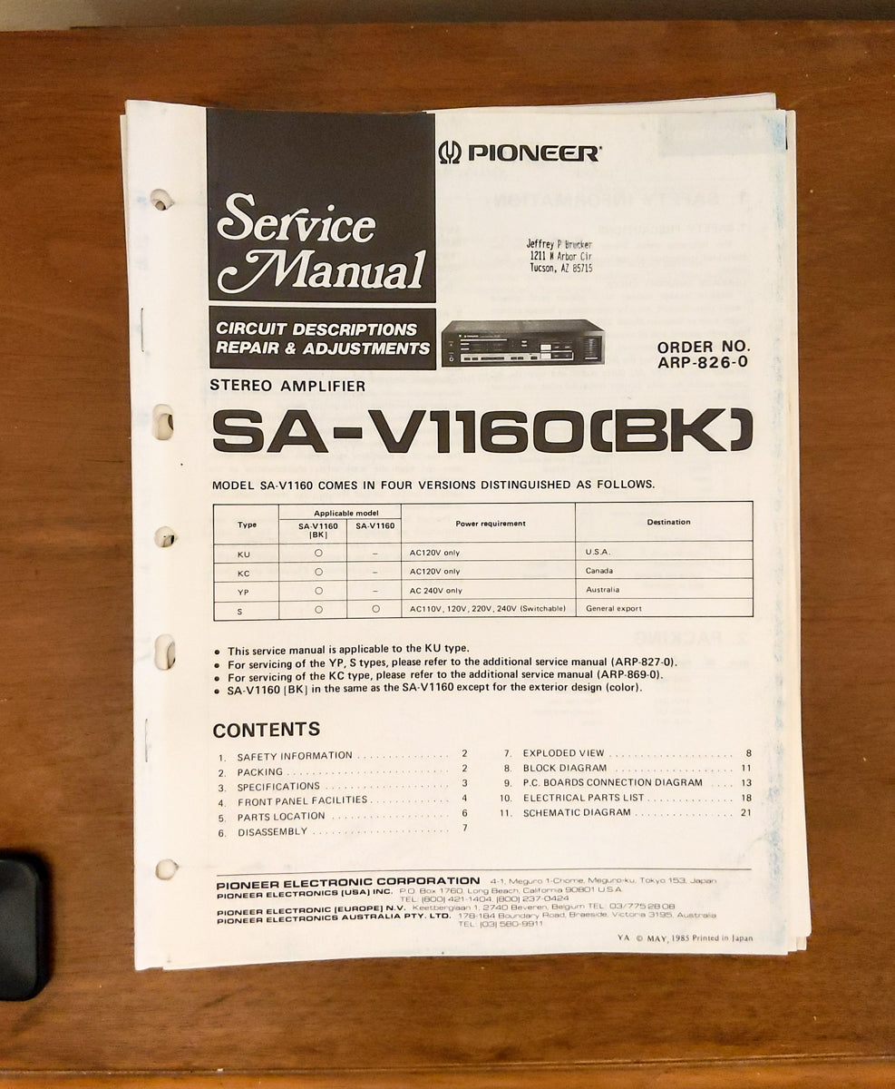 Pioneer SA-V1160 Amplifier Service Manual *Original*