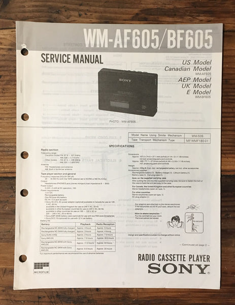 Sony WM-AF605 WM-BF605 Cassette Service Manual *Original*