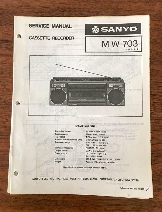 Sanyo M W703 Boombox / Radio Cassette Service Manual *Original*
