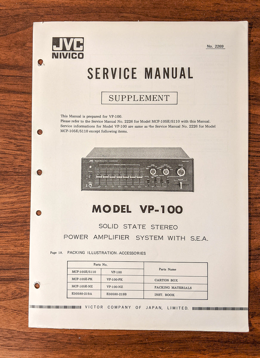 JVC VP-100 Amplifier Service Manual Supplement *Original*